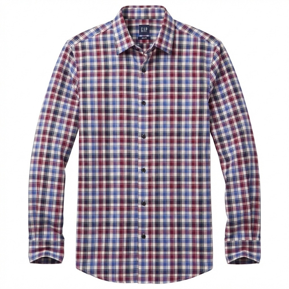 Gap Premium Shirt Mens XL Slim Fit Burgundy Navy Blue Plaid Button Down Cotton